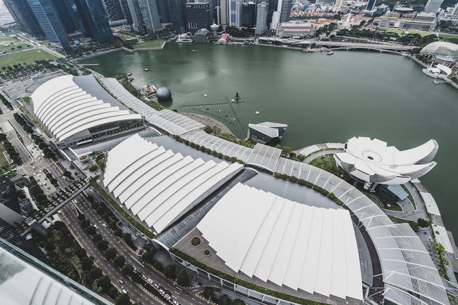 Stunning aerial shot of Marina Bay Sands, Singapore, showcasing modern architecture and skyline.